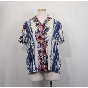 Vintage 90s Blouse Hilo Hattie Blue Hawaiian Floral Top Shirt Misses Size S
